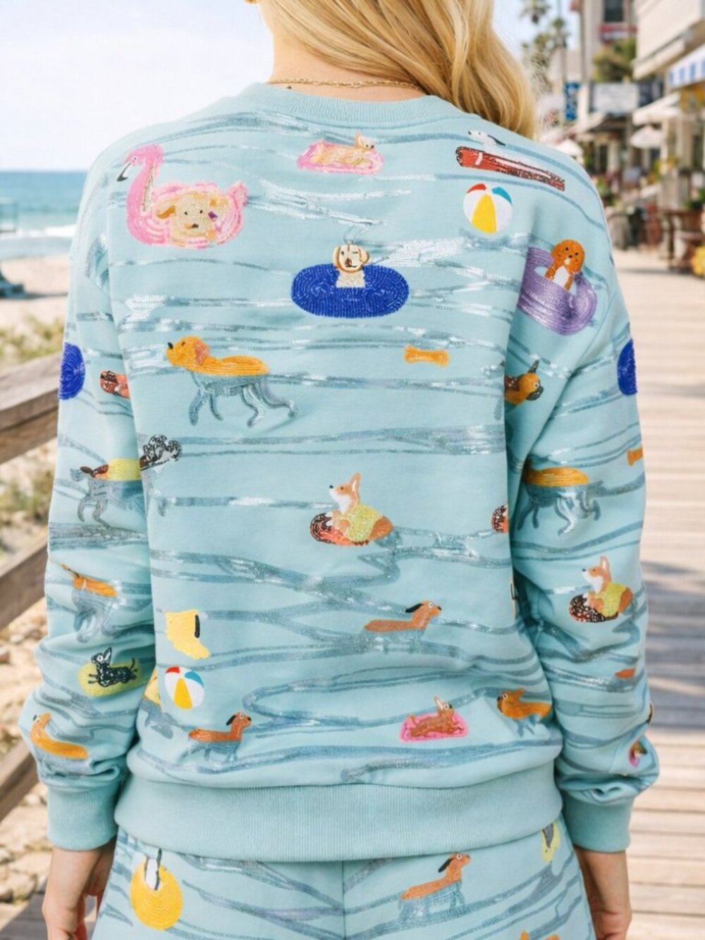 NWT Queen of Sparkles Blue Dogs Swimming on Floats Sweatshirt - Picture 2 of 5